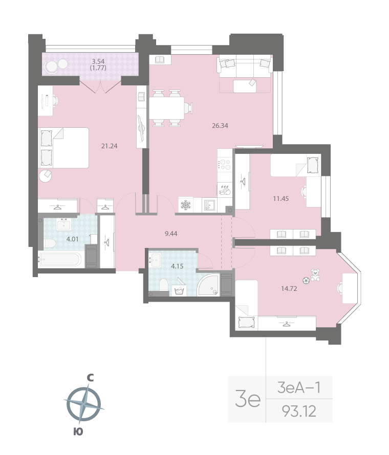 3-комнатная квартира  №43 в Цивилизация на Неве: 93.12 м², этаж 6 - купить в Санкт-Петербурге