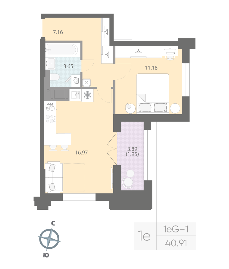 1-комнатная квартира  №42 в Цивилизация на Неве: 40.91 м², этаж 6 - купить в Санкт-Петербурге