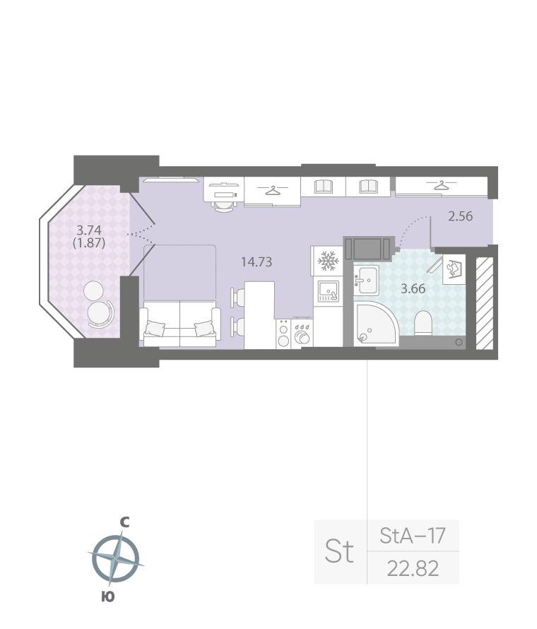 1-комнатная квартира  №368 в Grand View: 22.82 м², этаж 7 - купить в Санкт-Петербурге