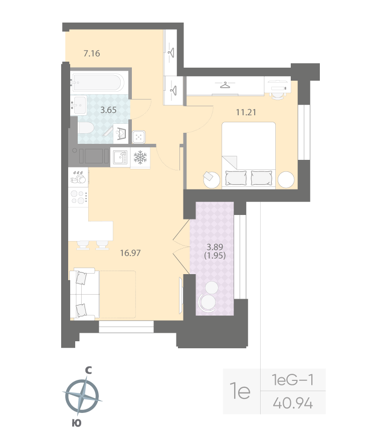 1-комнатная квартира №42 в: ЦИВИЛИЗАЦИЯ НА НЕВЕ: 40.94 м²; этаж: 15 - купить в Санкт-Петербурге