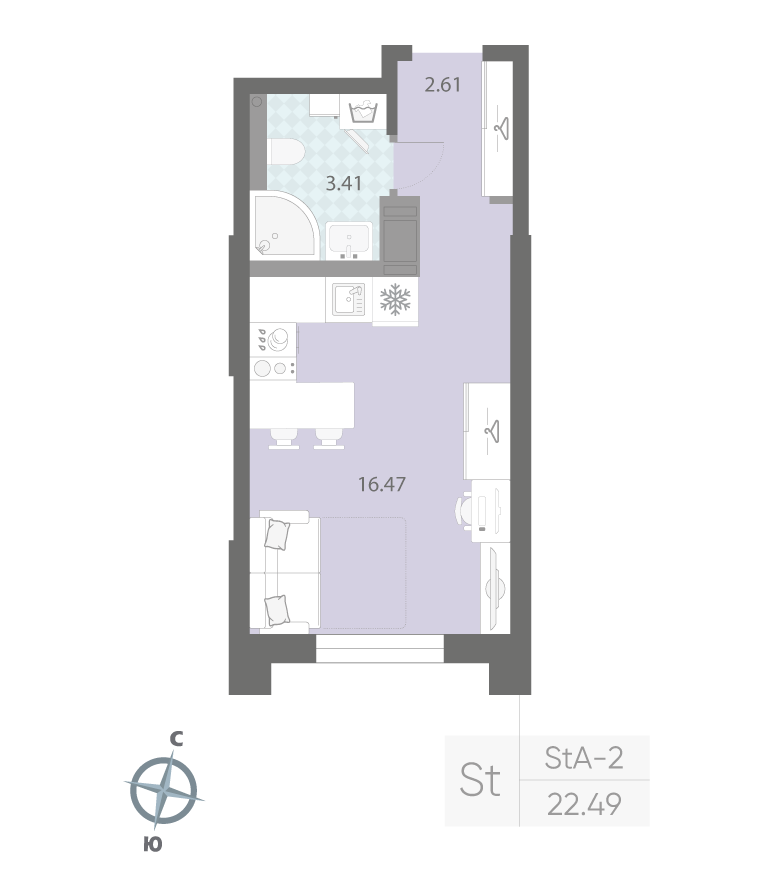 1-комнатная квартира  №13 в Цивилизация на Неве: 22.49 м², этаж 3 - купить в Санкт-Петербурге