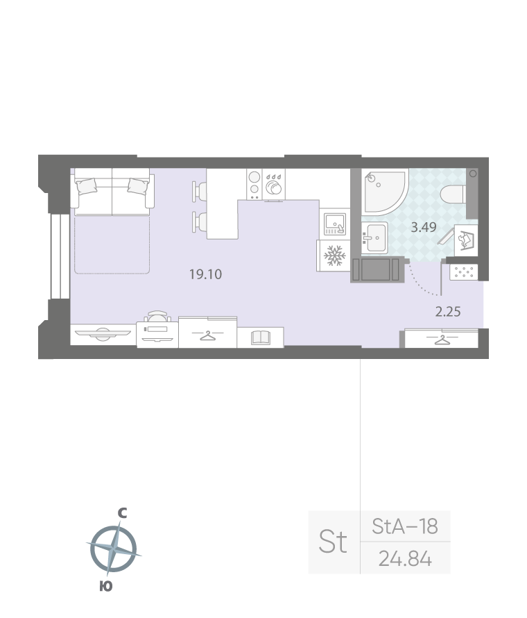 1-комнатная квартира  №334 в Цивилизация на Неве: 24.84 м², этаж 4 - купить в Санкт-Петербурге
