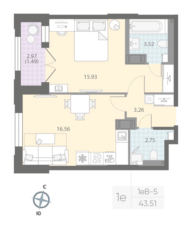 1-комнатная квартира, 43.51 м²; этаж: 12 - купить в Санкт-Петербурге