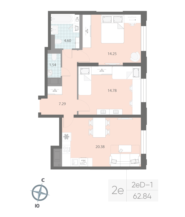 2-комнатная квартира  №179 в Цивилизация на Неве: 62.84 м², этаж 3 - купить в Санкт-Петербурге