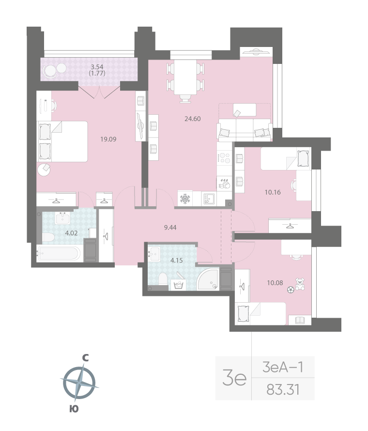 3-комнатная квартира  №155 в Цивилизация на Неве: 83.31 м², этаж 22 - купить в Санкт-Петербурге