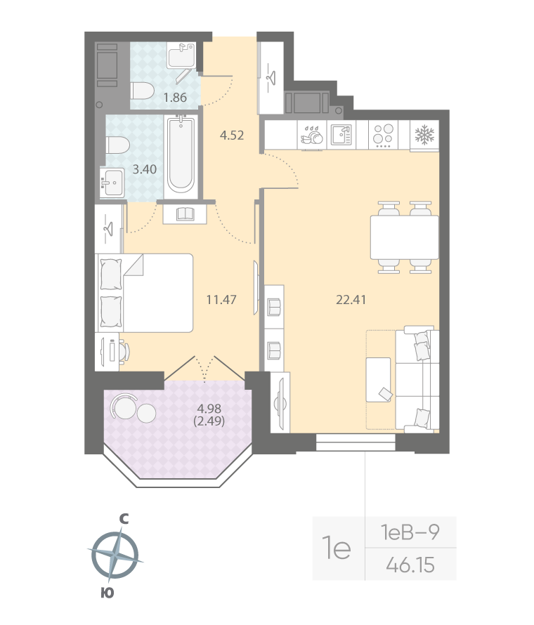 1-комнатная квартира, 46.15 м²; этаж: 6 - купить в Санкт-Петербурге