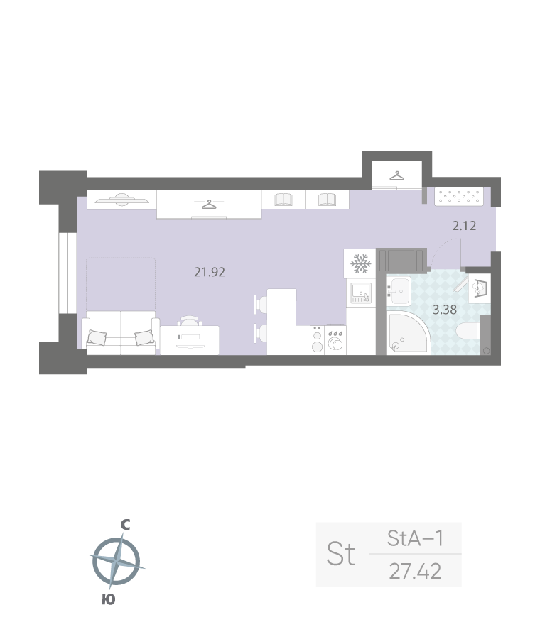 1-комнатная квартира  №11 в Цивилизация на Неве: 27.42 м², этаж 3 - купить в Санкт-Петербурге