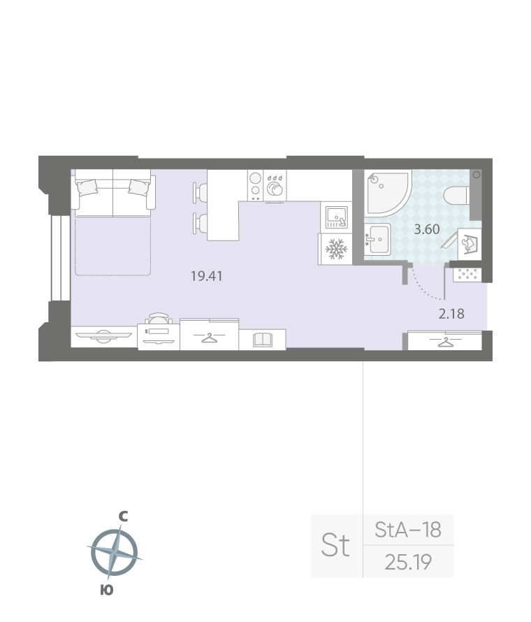1-комнатная квартира  №310 в Цивилизация на Неве: 25.19 м², этаж 2 - купить в Санкт-Петербурге