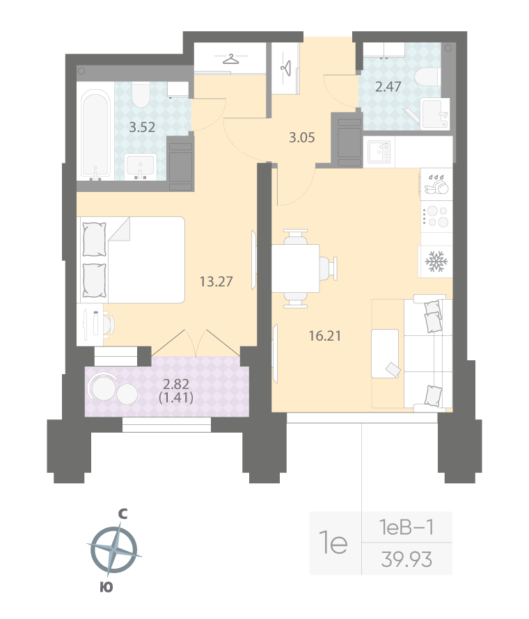 1-комнатная квартира  №145 в Grand View: 39.93 м², этаж 21 - купить в Санкт-Петербурге