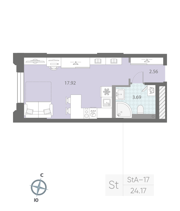 1-комнатная квартира  №309 в Цивилизация на Неве: 24.17 м², этаж 2 - купить в Санкт-Петербурге