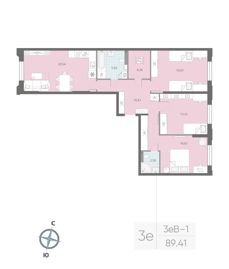 3-комнатная квартира  №307 в Цивилизация на Неве: 89.41 м², этаж 2 - купить в Санкт-Петербурге