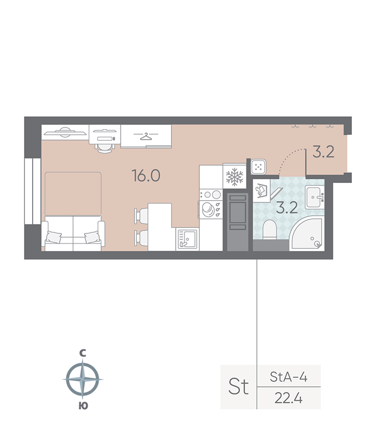 1-комнатная квартира №5 в: Большая Охта: 22.4 м²; этаж: 5 - купить в Санкт-Петербурге