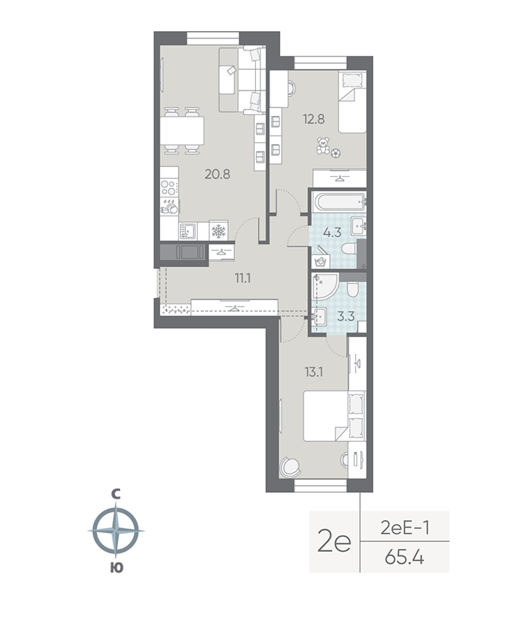 2-комнатная квартира  №48 в Большая Охта: 65.4 м², этаж 5 - купить в Санкт-Петербурге