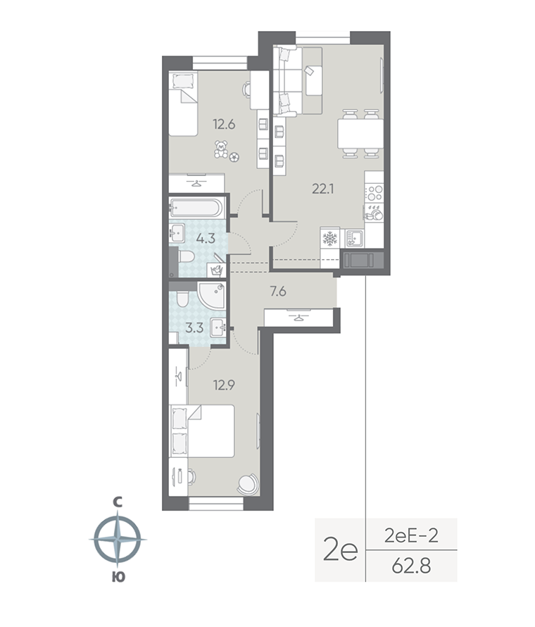 2-комнатная квартира №5 в: Большая Охта: 62.8 м²; этаж: 3 - купить в Санкт-Петербурге