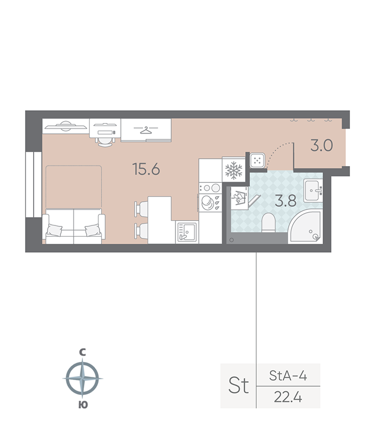 1-комнатная квартира №5 в: Большая Охта: 22.4 м²; этаж: 2 - купить в Санкт-Петербурге