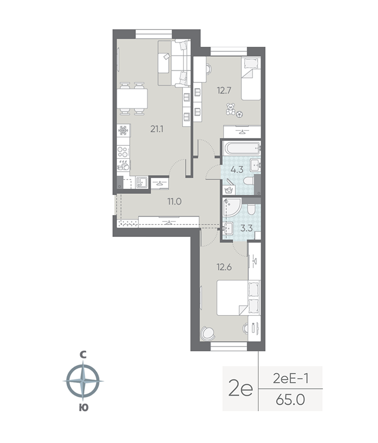 2-комнатная квартира №5 в: Большая Охта: 65 м²; этаж: 2 - купить в Санкт-Петербурге