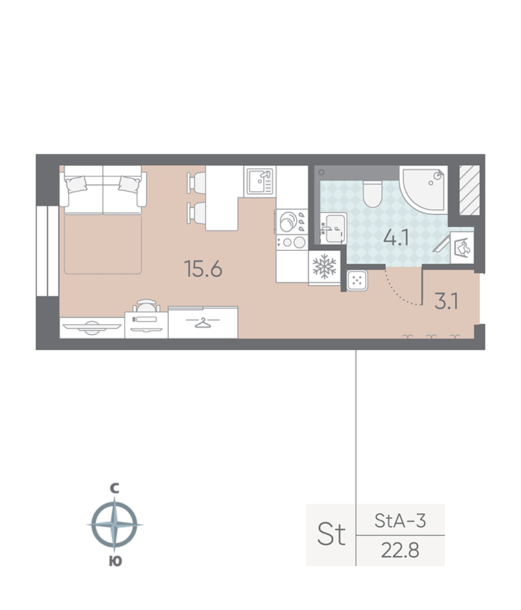 1-комнатная квартира №5 в: Большая Охта: 22.8 м²; этаж: 2 - купить в Санкт-Петербурге