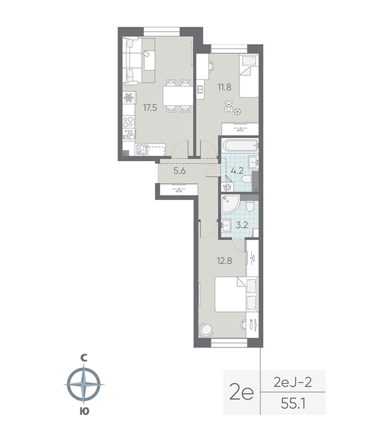 2-комнатная квартира, 55.1 м²; этаж: 2 - купить в Санкт-Петербурге