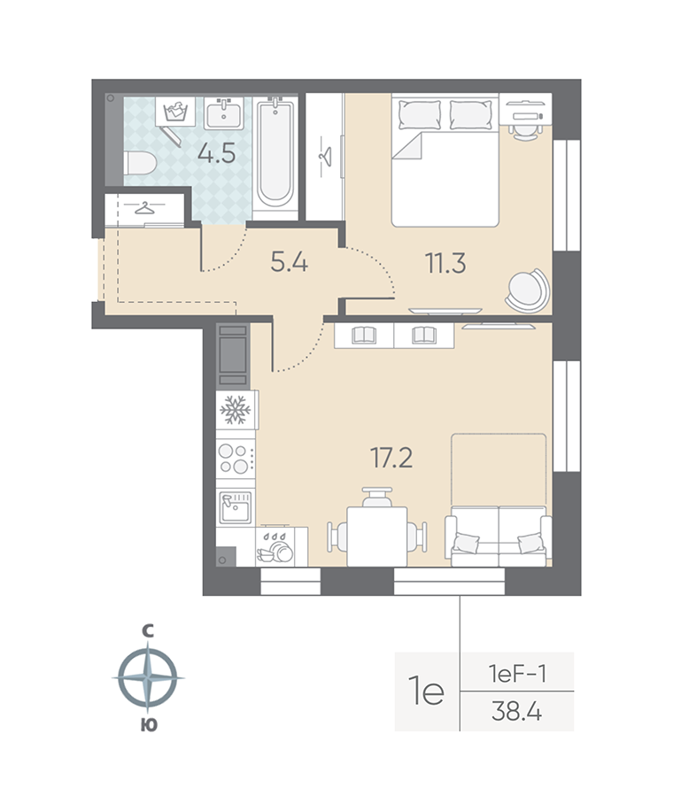 1-комнатная квартира  №57 в Большая Охта: 38.4 м², этаж 6 - купить в Санкт-Петербурге