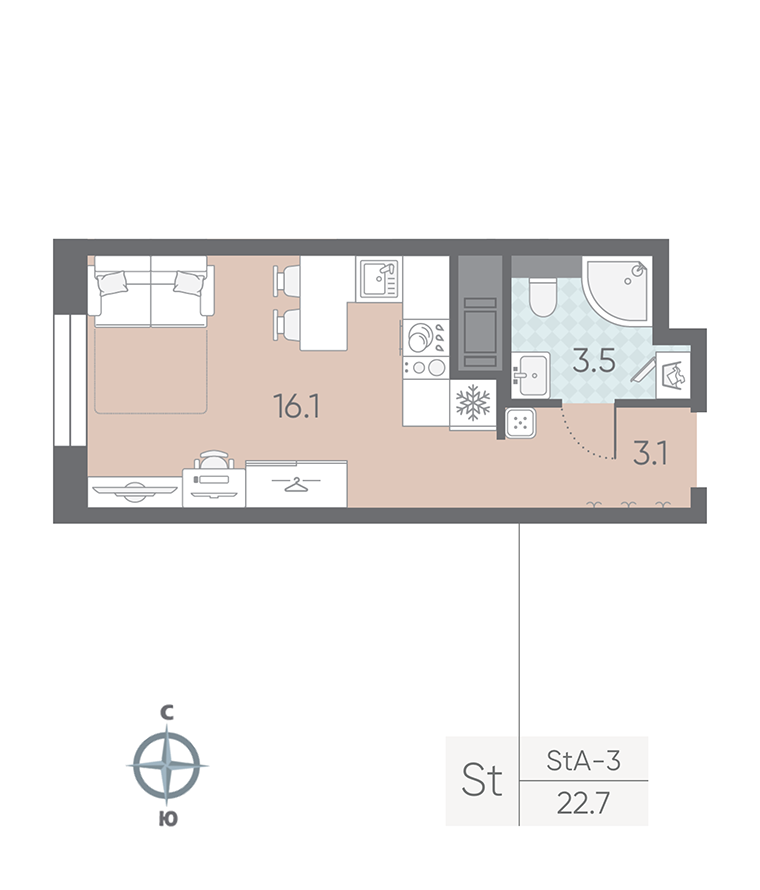 1-комнатная квартира №5 в: Большая Охта: 22.7 м²; этаж: 3 - купить в Санкт-Петербурге