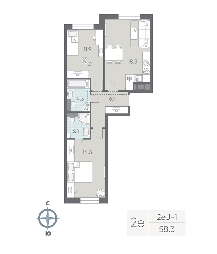 2-комнатная квартира, 58.3 м²; этаж: 11 - купить в Санкт-Петербурге