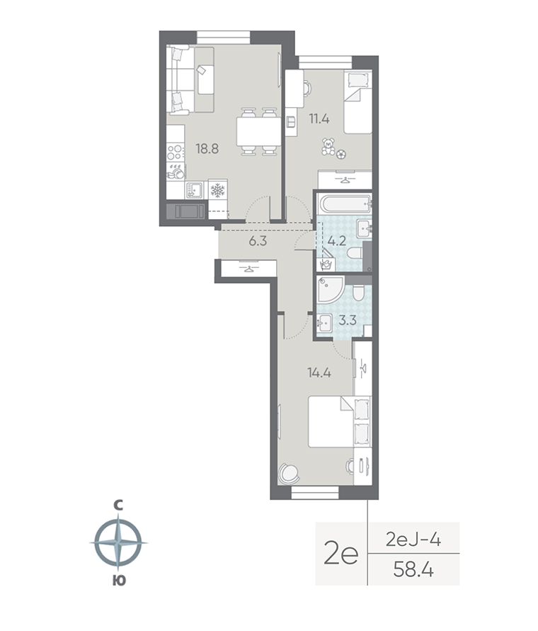 2-комнатная квартира №5 в: Большая Охта: 58.4 м²; этаж: 7 - купить в Санкт-Петербурге