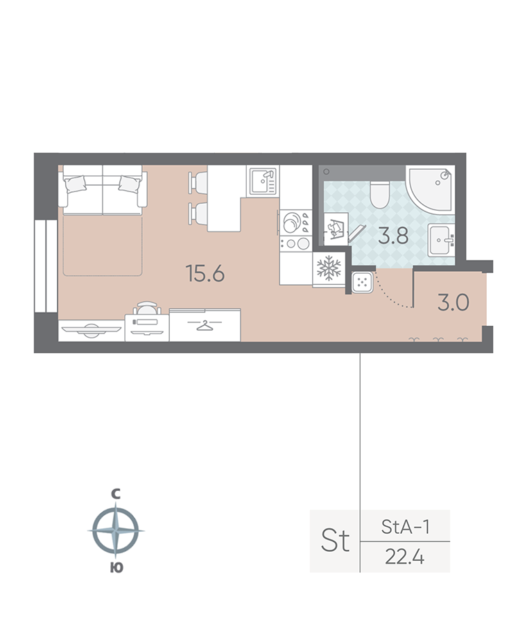 1-комнатная квартира №5 в: Большая Охта: 22.4 м²; этаж: 2 - купить в Санкт-Петербурге