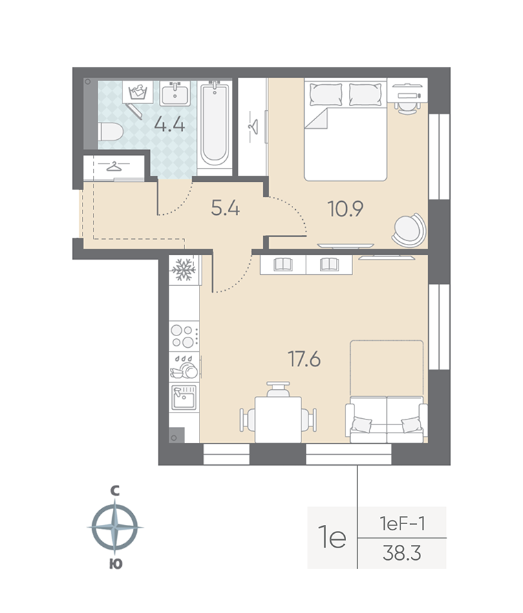 1-комнатная квартира, 38.3 м²; этаж: 2 - купить в Санкт-Петербурге