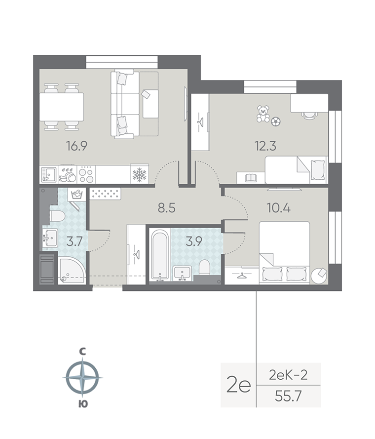 2-комнатная квартира  №342 в Большая Охта: 55.7 м², этаж 11 - купить в Санкт-Петербурге