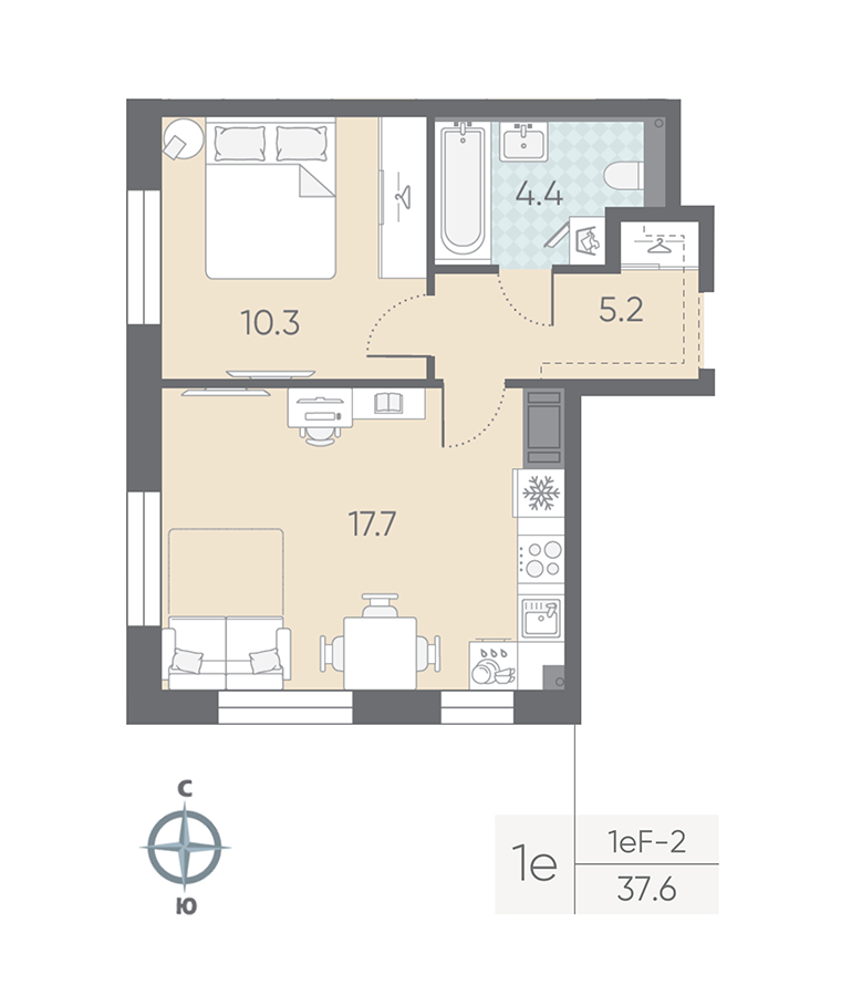 1-комнатная квартира  №326 в Большая Охта: 37.6 м², этаж 10 - купить в Санкт-Петербурге