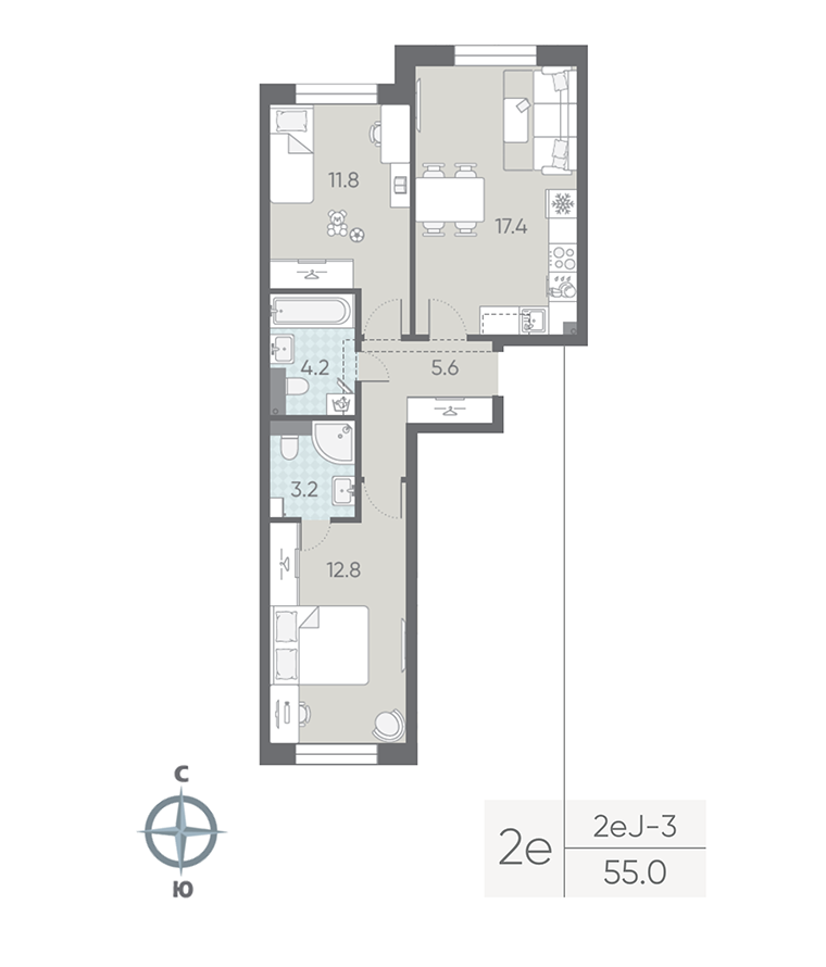 2-комнатная квартира, 55 м²; этаж: 2 - купить в Санкт-Петербурге