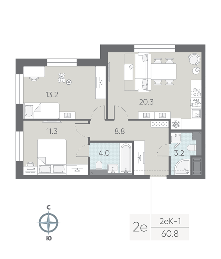 2-комнатная квартира  №85 в Большая Охта: 60.8 м², этаж 9 - купить в Санкт-Петербурге