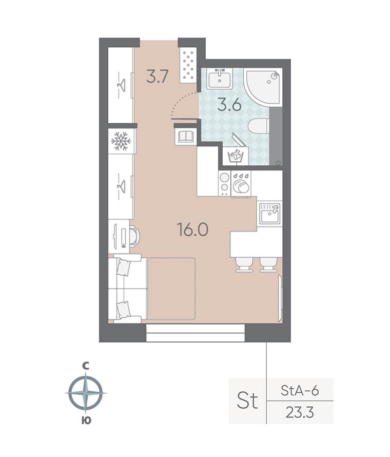 1-комнатная квартира №5 в: Большая Охта: 23.3 м²; этаж: 2 - купить в Санкт-Петербурге