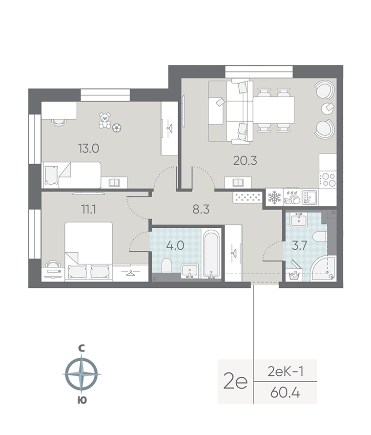 2-комнатная квартира  №1 в Большая Охта: 60.4 м², этаж 2 - купить в Санкт-Петербурге