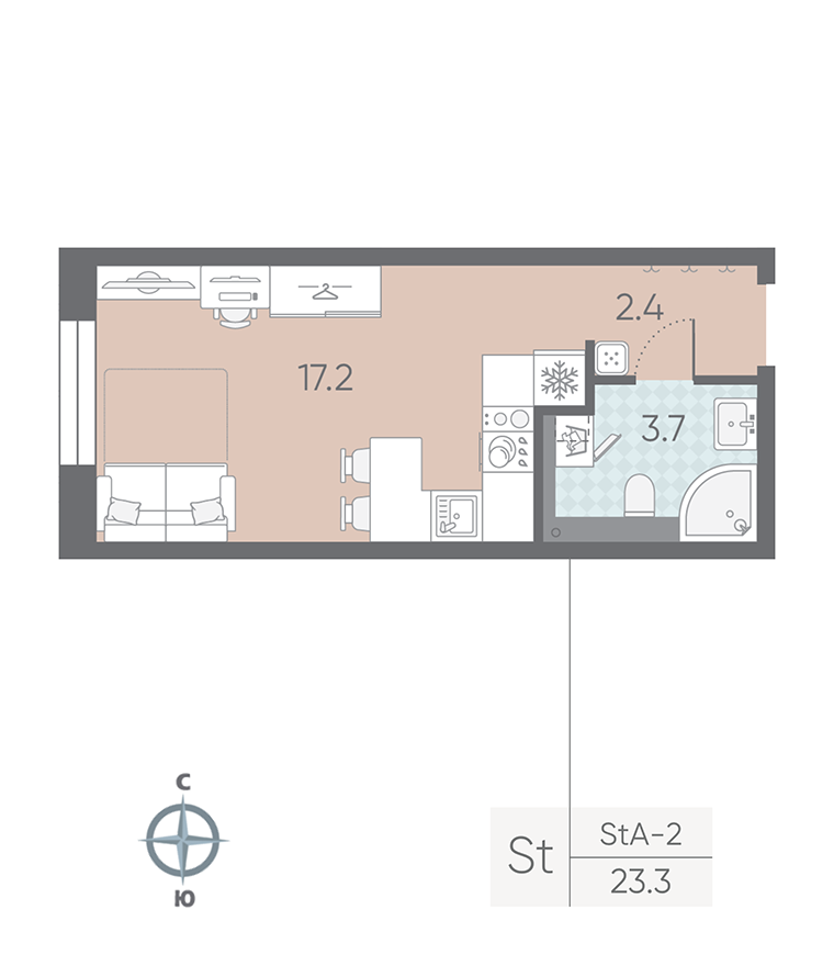 1-комнатная квартира №5 в: Большая Охта: 23.3 м²; этаж: 2 - купить в Санкт-Петербурге