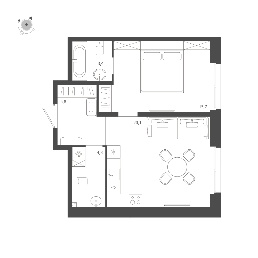 1-комнатная квартира  №141 в ЛДМ: 49.3 м², этаж 2 - купить в Санкт-Петербурге