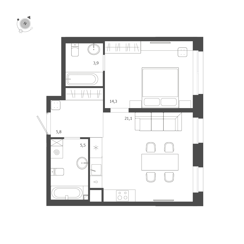 1-комнатная квартира  №136 в ЛДМ: 50.6 м², этаж 8 - купить в Санкт-Петербурге