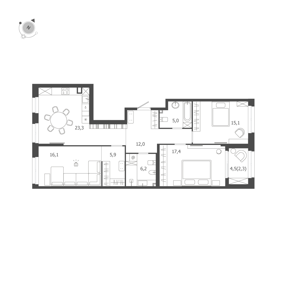 3-комнатная квартира  №165 в ЛДМ: 103.3 м², этаж 2 - купить в Санкт-Петербурге