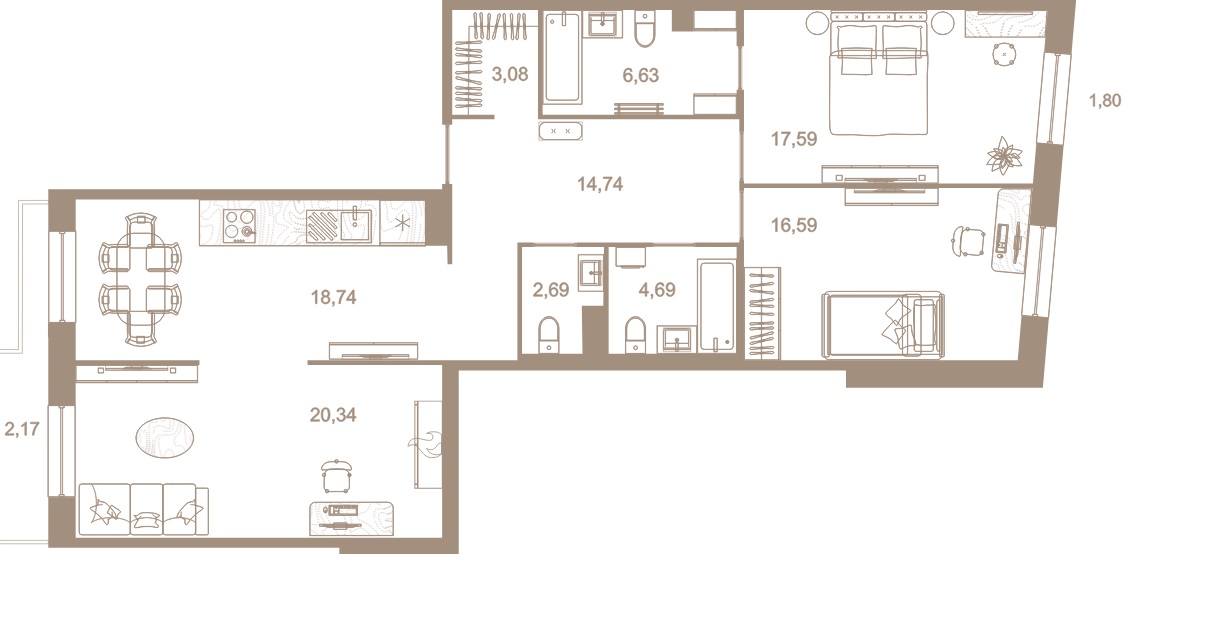 3-комнатная квартира  №260 в Северная корона Residence: 106.6 м², этаж 8 - купить в Санкт-Петербурге