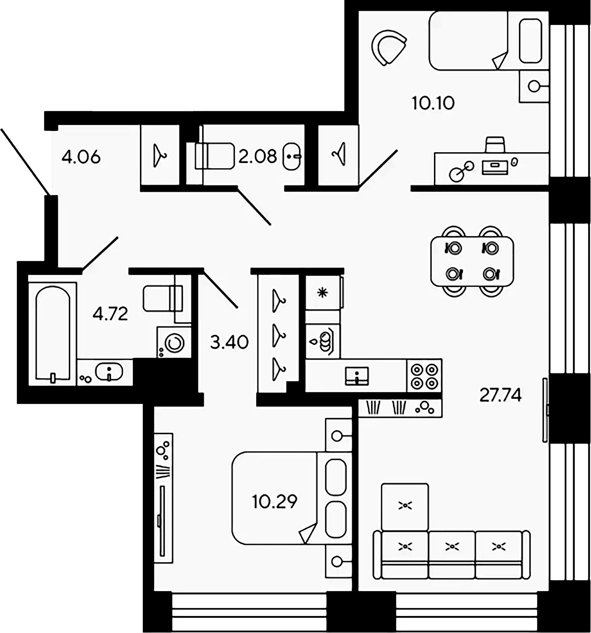 2-комнатная квартира  №610 в Bashni Element: 62.39 м², этаж 7 - купить в Санкт-Петербурге