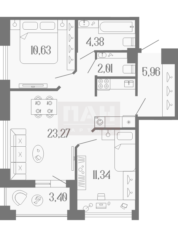 2-комнатная квартира  №34 в Коллекционный дом 1919: 58.89 м², этаж 6 - купить в Санкт-Петербурге