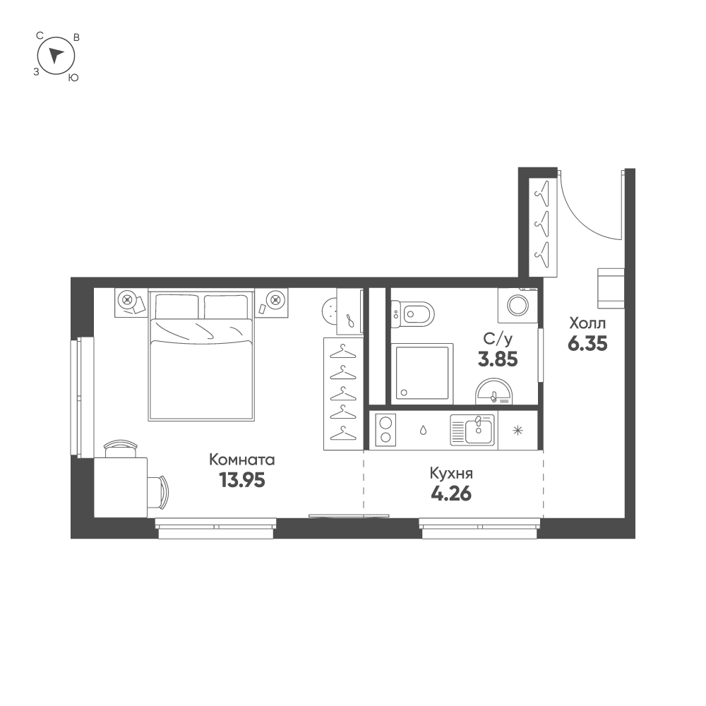 1-комнатная квартира  №764 в Avenue Apart Pulkovo: 28.41 м², этаж 4 - купить в Санкт-Петербурге