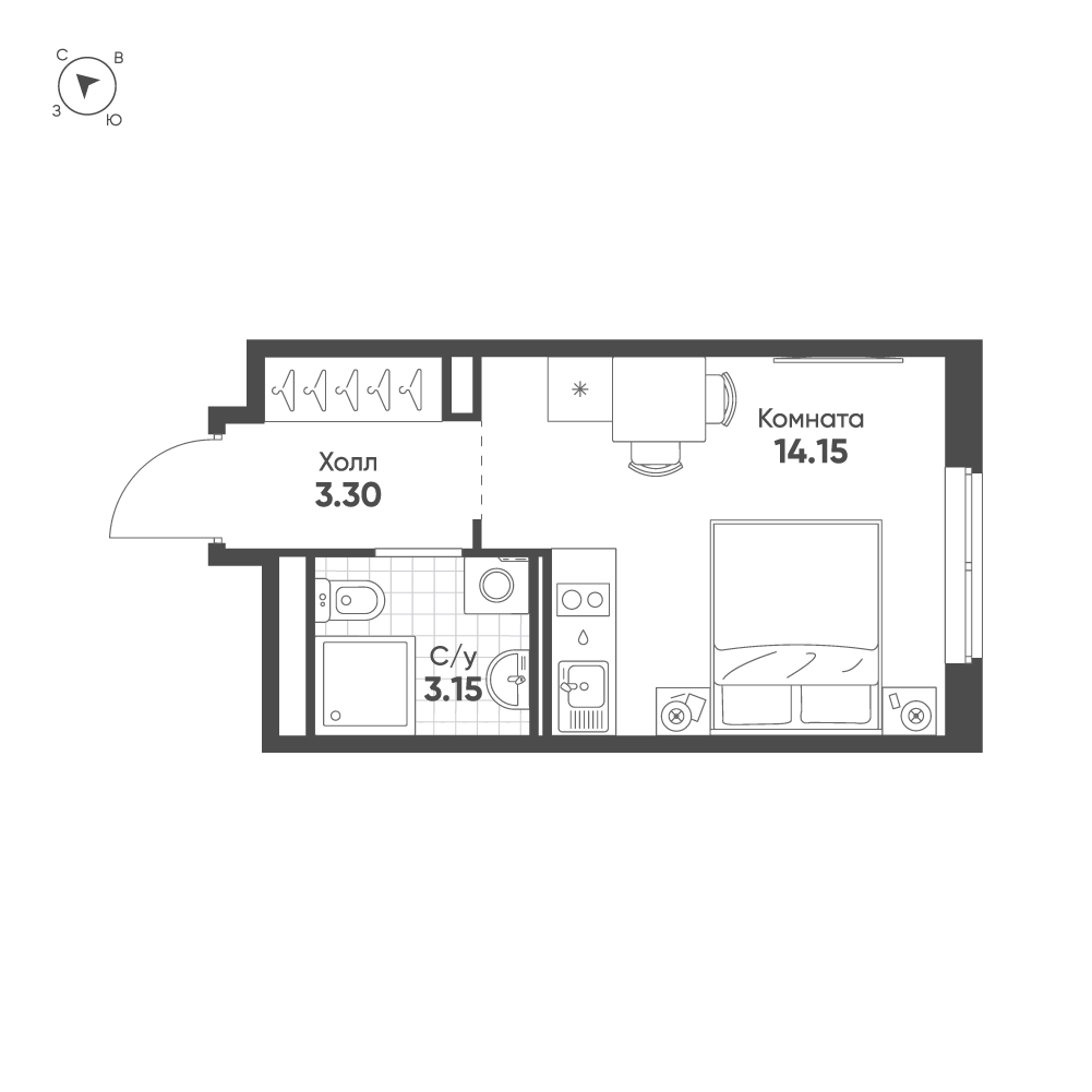 1-комнатная квартира  №39 в Avenue Apart Pulkovo: 20.6 м², этаж 4 - купить в Санкт-Петербурге