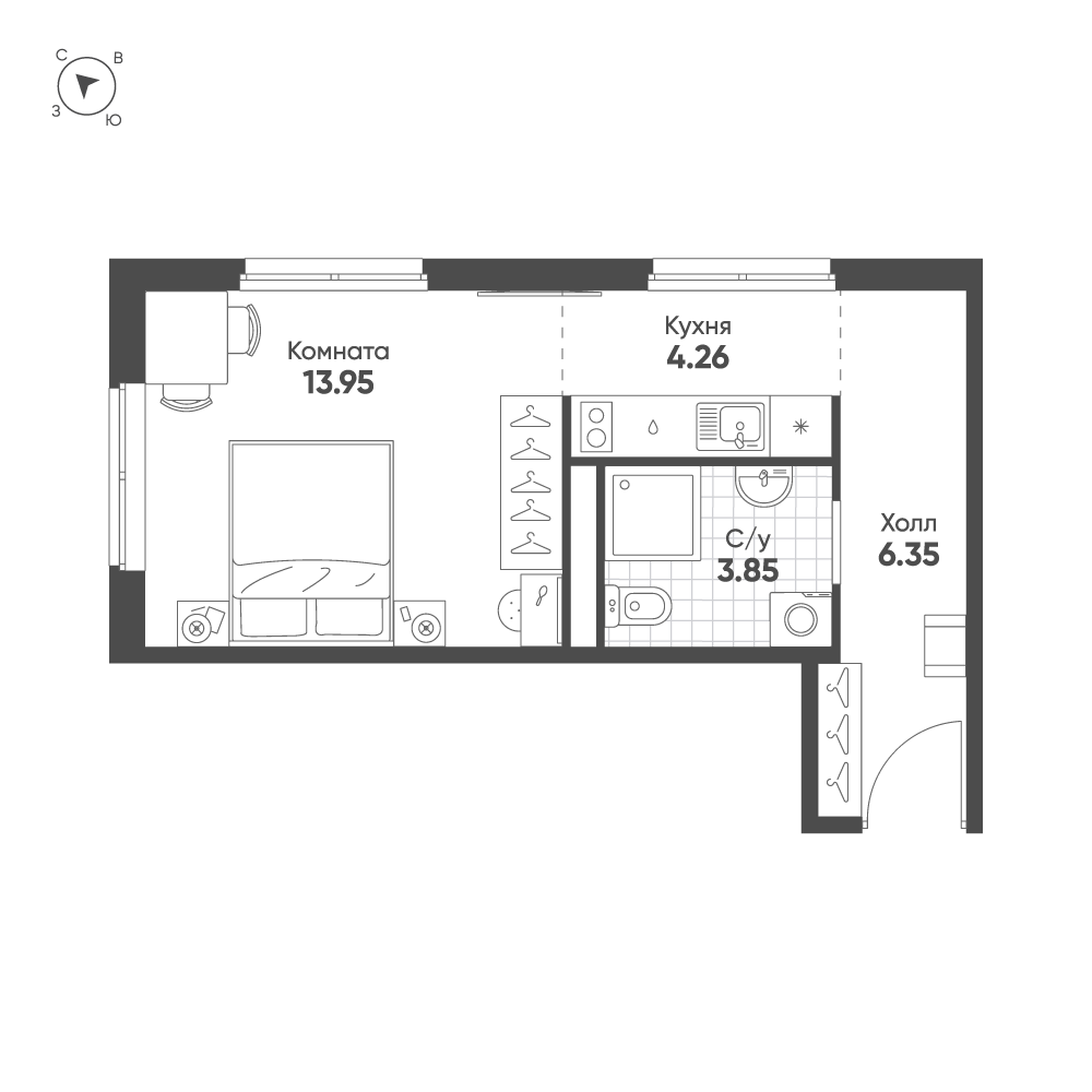 1-комнатная квартира  №579 в Avenue Apart Pulkovo: 28.41 м², этаж 8 - купить в Санкт-Петербурге