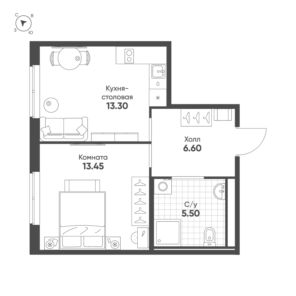 1-комнатная квартира  №481 в Avenue Apart Pulkovo: 38.85 м², этаж 2 - купить в Санкт-Петербурге