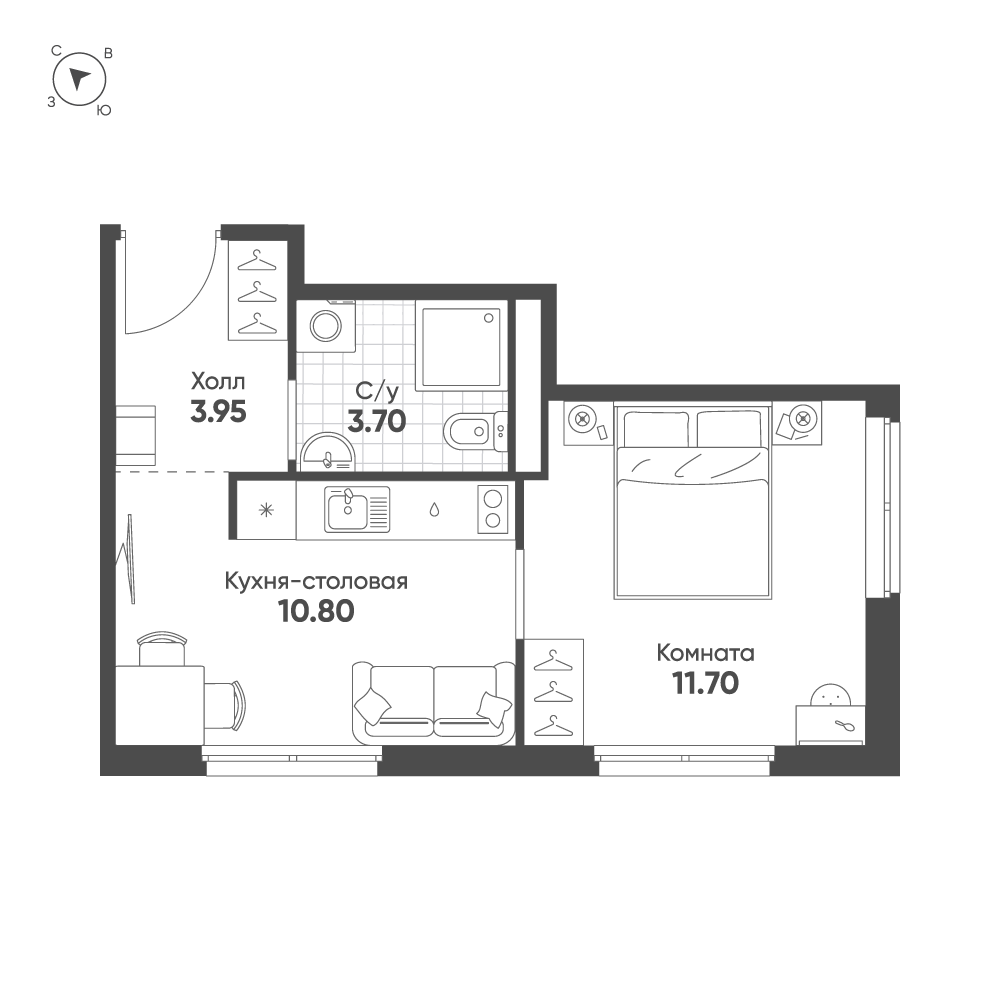 1-комнатная квартира  №307 в Avenue Apart Pulkovo: 30.15 м², этаж 6 - купить в Санкт-Петербурге