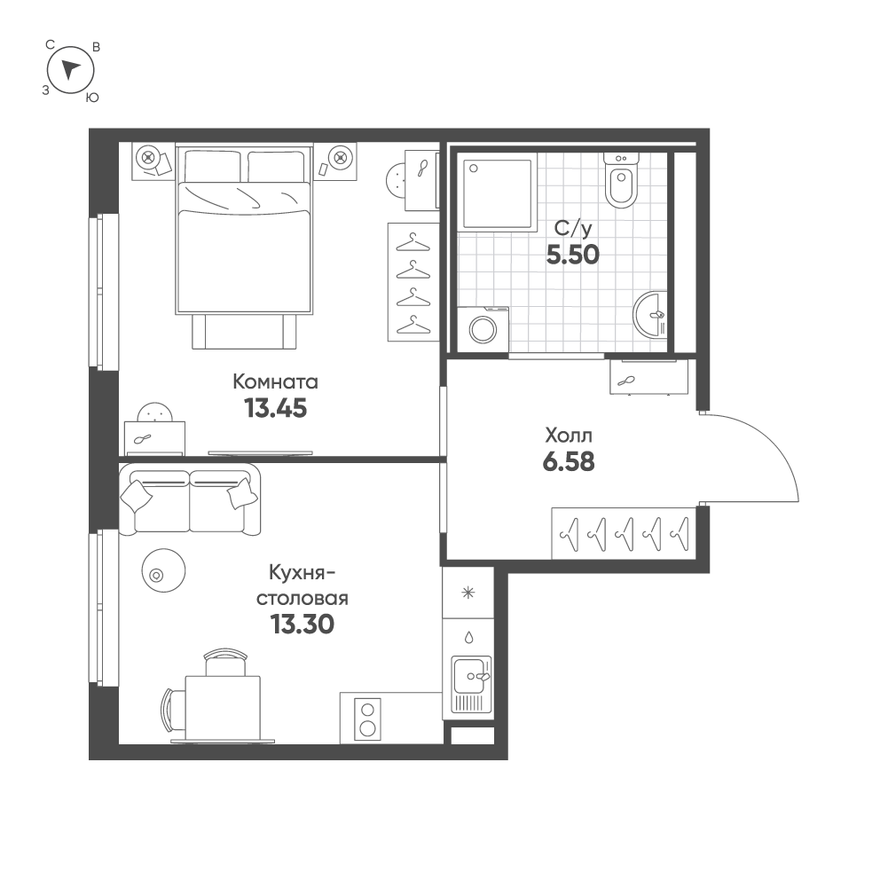 1-комнатная квартира  №15 в Avenue Apart Pulkovo: 38.83 м², этаж 2 - купить в Санкт-Петербурге