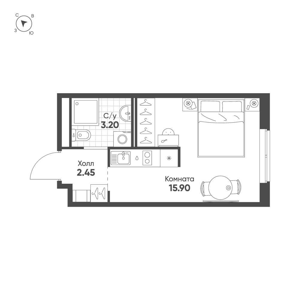 1-комнатная квартира  №22 в Avenue Apart Pulkovo: 21.55 м², этаж 3 - купить в Санкт-Петербурге