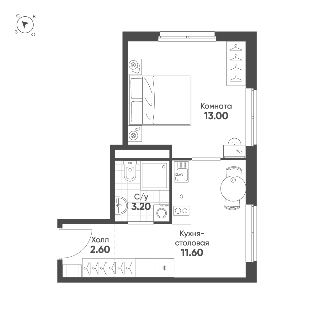 1-комнатная квартира  №195 в Avenue Apart Pulkovo: 30.4 м², этаж 14 - купить в Санкт-Петербурге