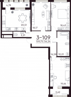 3-комнатная квартира  №193 в Familia: 110.1 м², этаж 2 - купить в Санкт-Петербурге